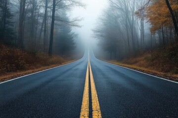Fototapeta premium empty foggy asphalt road with double yellow lines flanked by leafless trees and autumn foliage creating a mysterious and calm mood