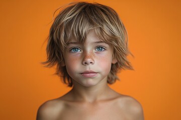 serious young boy with tousled blonde hair and freckles staring directly with blue eyes against bright orange background