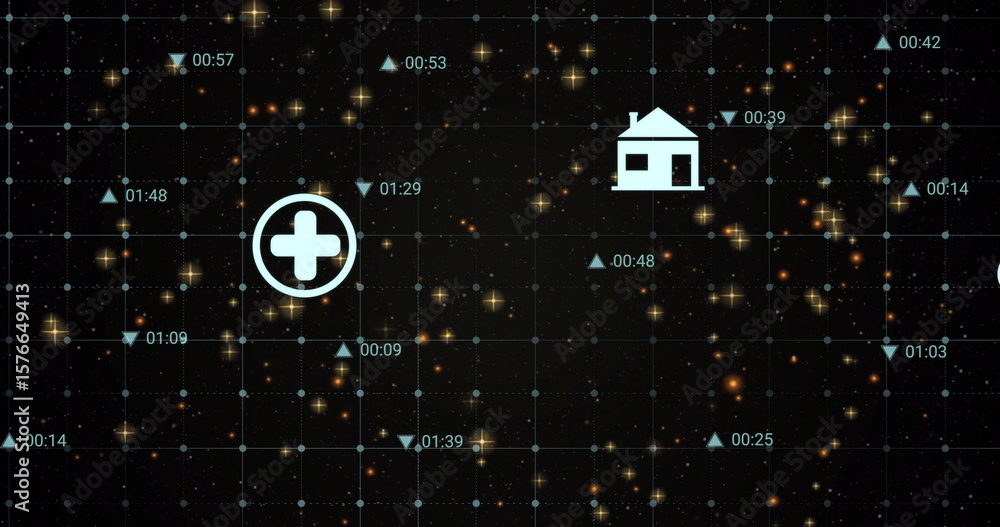 Aufkleber displaying white circular medical cross icon floating in teal data grid, with timecodes and arrows
