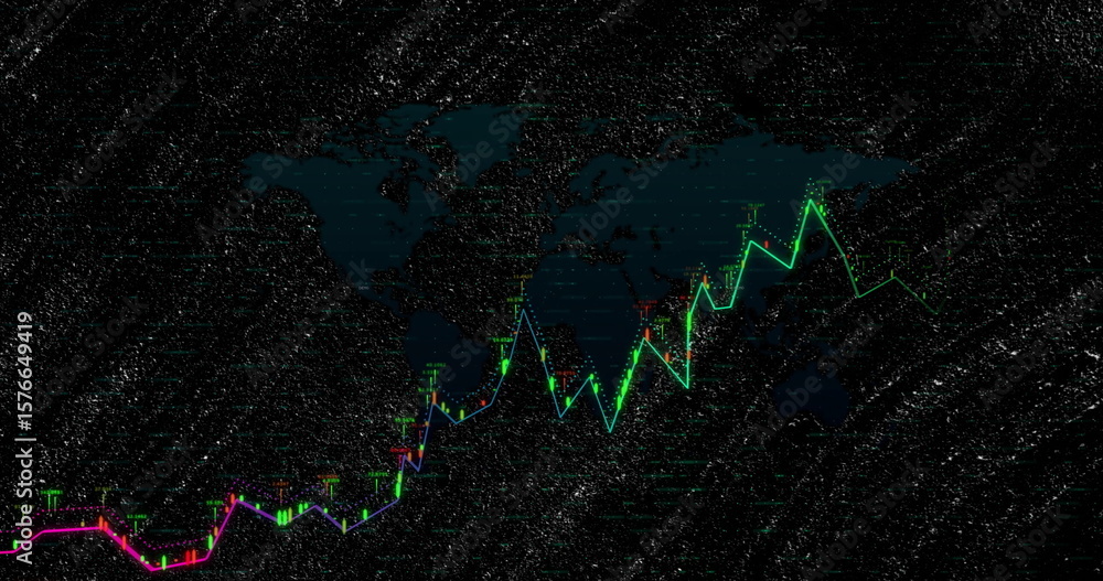 Poster showing multicolored line chart with candlesticks on world map silhouette on trading dashboard
