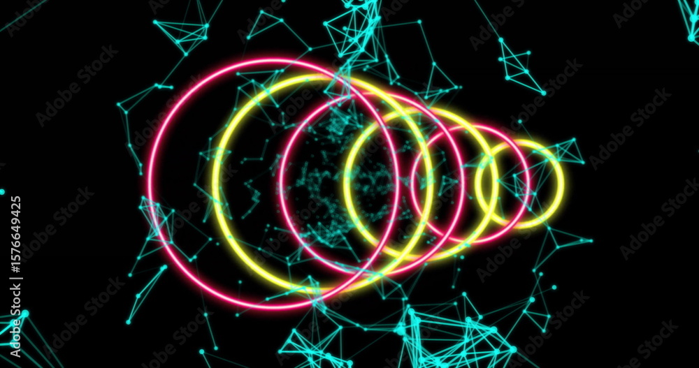 Poster floating neon rings receding through data network space, with turquoise nodes and connecting lines