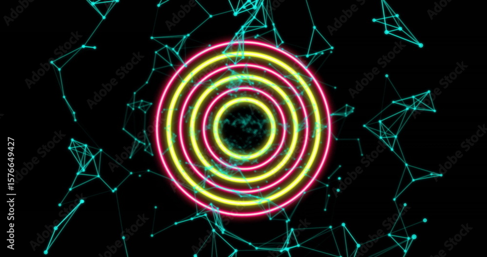 Poster floating neon concentric rings rotating in virtual network, with swirling particle core, aqua lines