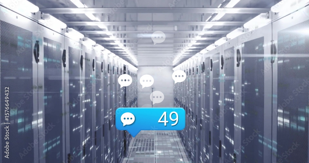 Poster floating notification bubble showing 49 in data center corridor, with server racks and chat icons