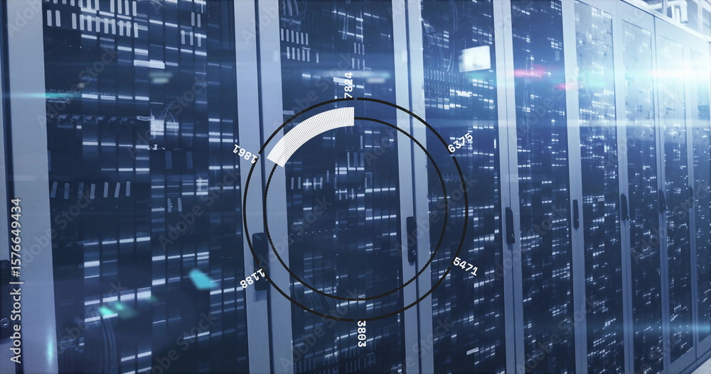 Poster scanning server racks showing lights and cables in data center, with circular holographic overlay