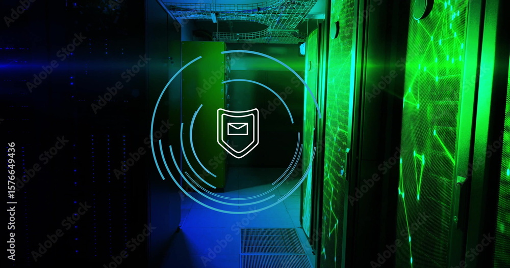 Poster pulsing shield envelope icon overlay between server racks in data center with cable trays and vents