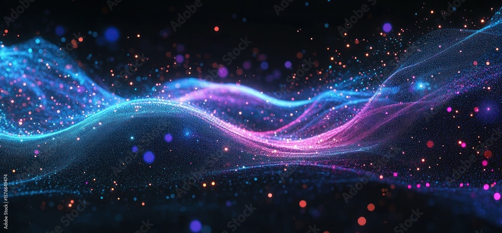 Poster abstract digital waves of glowing blue and purple particles flowing dynamically against a dark backg