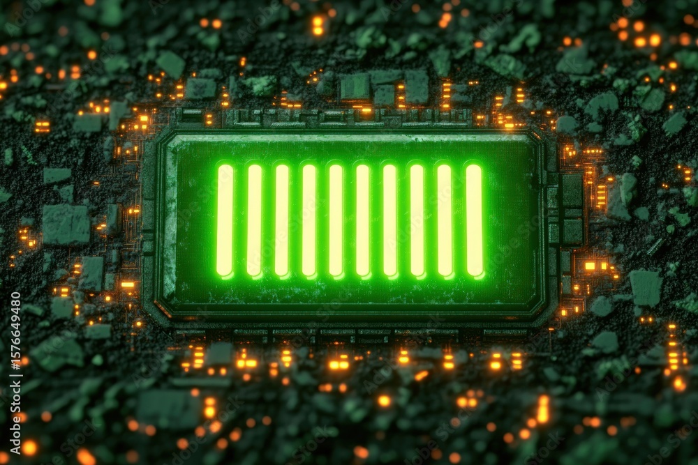 Poster close-up of a glowing green digital battery charge indicator integrated on a dark textured circuit b