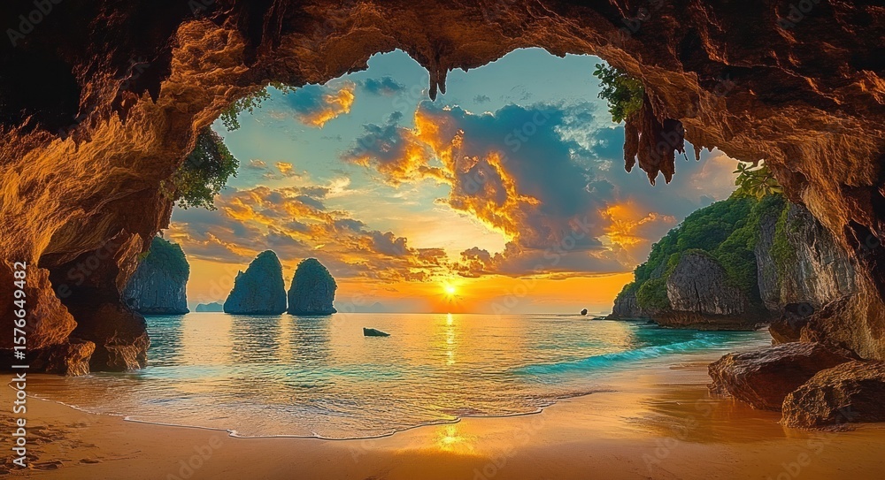 Poster sunset view of a calm ocean with rock formations and lush greenery seen from inside a cave with oran
