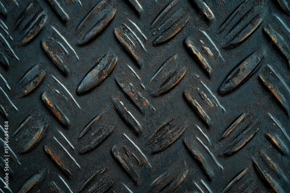 Poster close-up view of a worn and rusty dark metal diamond plate with textured raised patterns and scratch