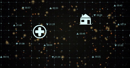 Displaying white circular medical cross icon floating in teal data grid, with timecodes and arrows