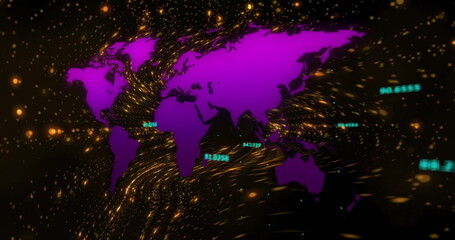 Showing purple continents swirling in digital void, with data points, golden streams and metrics