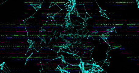 Displaying turquoise nodes and lines in cyberspace, with neon dotted dashes in green magenta blue