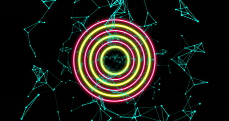 Floating neon concentric rings rotating in virtual network, with swirling particle core, aqua lines