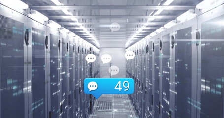 Floating notification bubble showing 49 in data center corridor, with server racks and chat icons