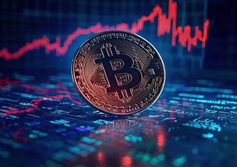 Close-up of a physical cryptocurrency coin standing on a digital financial data display with red fluctuating line graph in the background, symbolizing market volatility and investment dynamics