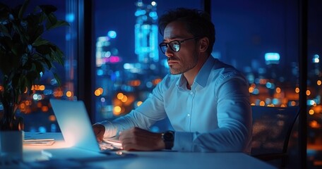 Focused man in glasses working on laptop at night in modern office with city lights glowing through large windows, creating a reflective and concentrated atmosphere