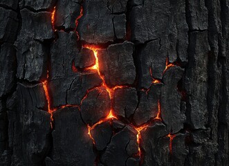 Close-up of cracked black charred wood with glowing orange embers showing underneath, evoking heat and natural burn texture
