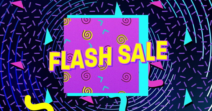 Showing central purple rectangle featuring FLASH SALE text in digital banner, with neon shapes