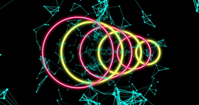 Floating neon rings receding through data network space, with turquoise nodes and connecting lines - Powered by Adobe
