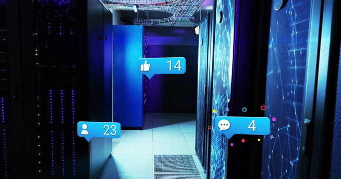 Glowing server rack corridor lighting data center, with LED lights and social media overlays