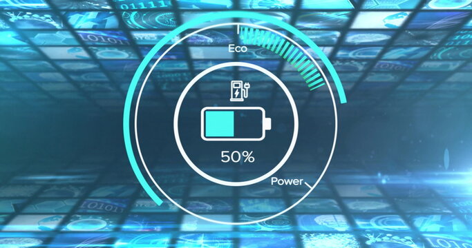 Showing central circular gauge floating in virtual 3D grid, with battery icon, Eco Power 50% labels - Powered by Adobe