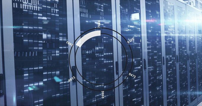 Scanning server racks showing lights and cables in data center, with circular holographic overlay