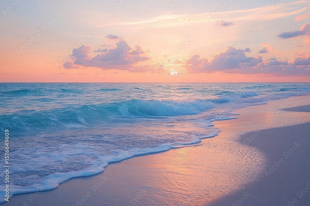 Poster calm ocean waves gently rolling onto sandy beach during colorful sunset with soft clouds in the sky 