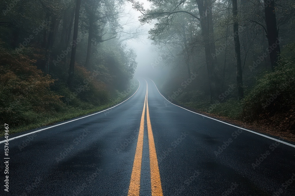 Poster empty wet road through dense foggy forest with tall trees on both sides creating a mysterious atmosp