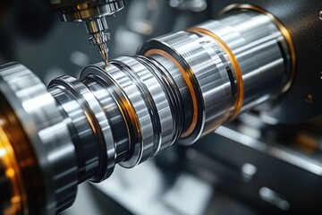 Fototapeta premium Close-up of a CNC machine precisely milling shiny metallic cylindrical parts with sharp tool in a high-tech industrial environment.