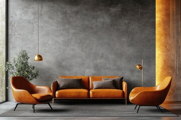 Modern living room interior with orange leather sofa set, armchairs, black cushions, concrete textured wall, hanging pendant light, floor lamp, and indoor plant next to large window