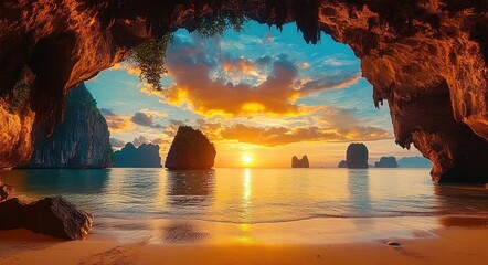 Sunset view over calm ocean waters with rock formations framed by cave opening covered in greenery
