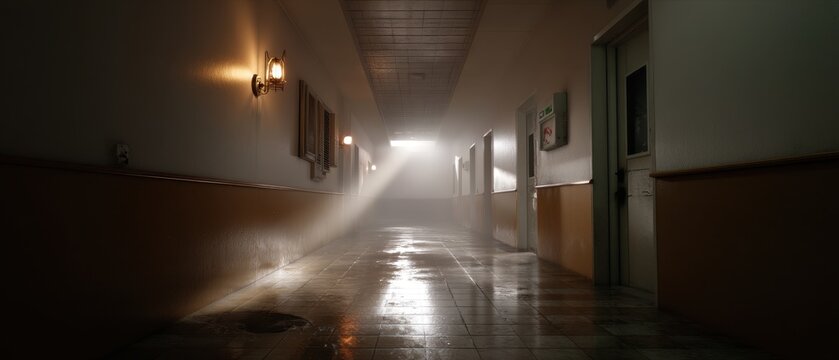 Eerie abandoned hospital corridor with flickering lights for atmospheric horror game design