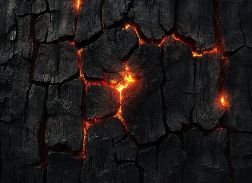 Close-up of cracked black charred wood with glowing red-orange embers visible through the cracks, depicting intense heat and fire aftermath - Powered by Adobe