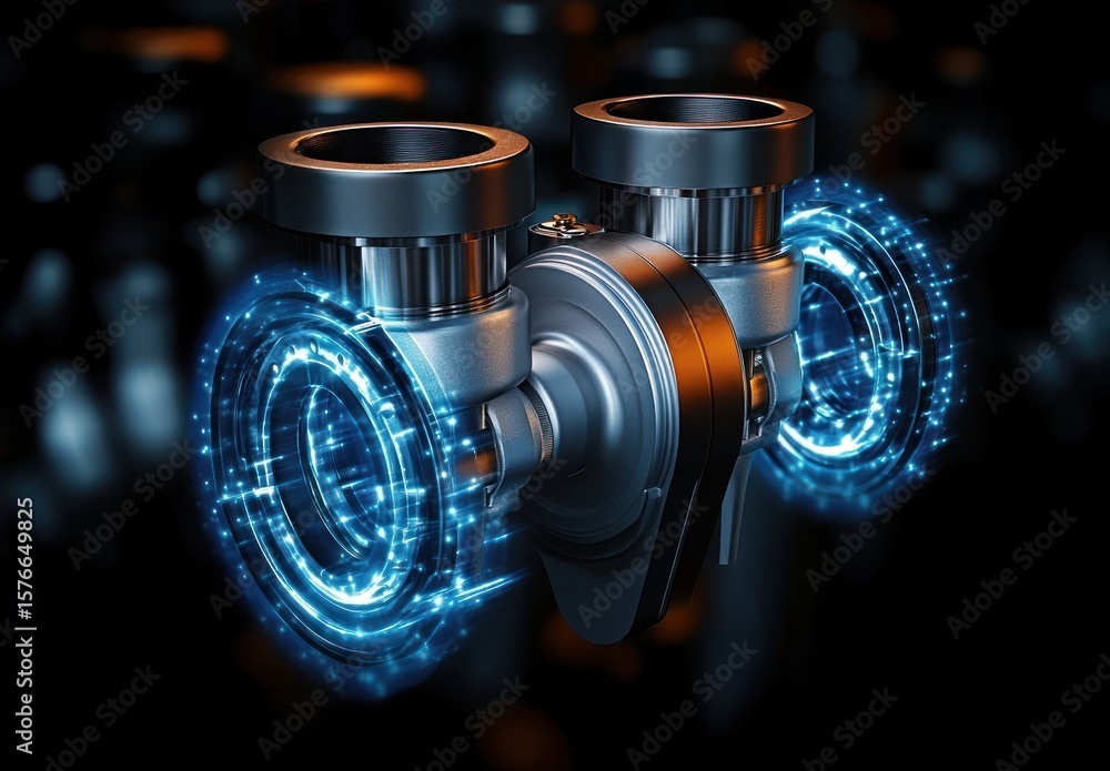 Poster futuristic close-up of a metallic mechanical device with glowing blue digital circular interfaces on