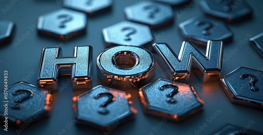 Poster shiny metallic letters spelling 'how' surrounded by hexagonal tokens with question marks conveying c