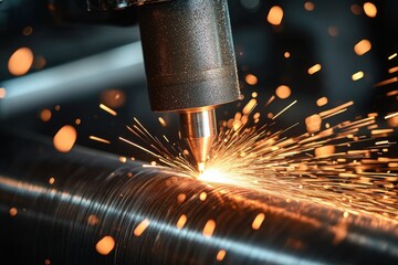 Close-up of metal cutting process with sparks flying from machine tool working on cylindrical metal piece in industrial setting