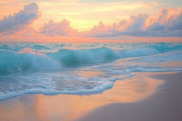 Gentle ocean waves rolling onto sandy beach at sunrise with colorful sky and soft clouds creating a peaceful and serene atmosphere