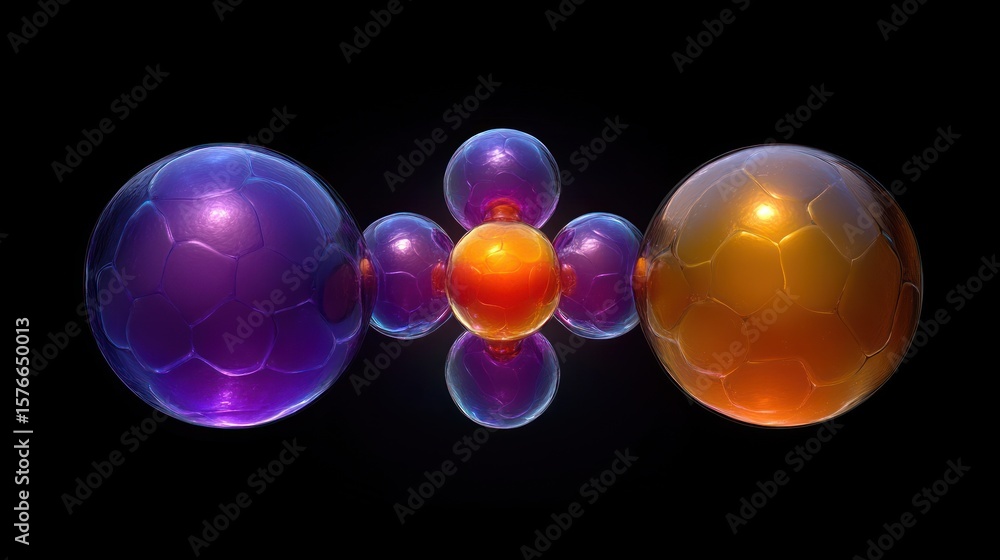 Poster glowing translucent molecular structure with interconnected purple and orange spherical shapes on a 