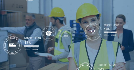 Smiling worker wearing hard hat scanning boxes in warehouse aisle, with digital icons, copy space