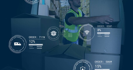 Handling warehouse worker placing cardboard box on stack in warehouse, with digital overlay icons