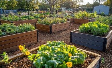 Community garden with raised wooden beds filled with green leafy vegetables and blooming flowers under bright sunlight