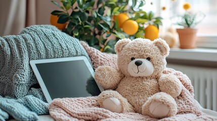 Cozy Living Room Setup with Toy Bear and Tablet on Soft Blankets