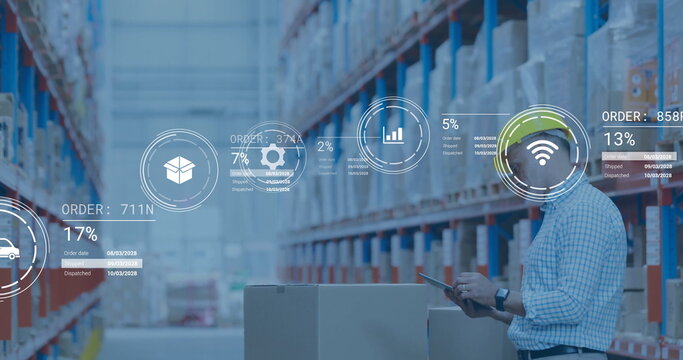 Supervisor reviewing digital overlays on tablet in warehouse, with racks and pallets, copy space