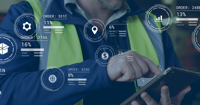 Logistics worker wearing high-vis vest checking inventory in warehouse area, with tablet overlays