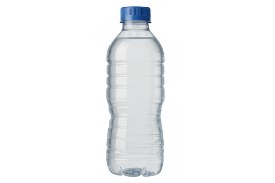 Studio shot of a clear plastic water bottle with blue cap, isolated on a transparent background