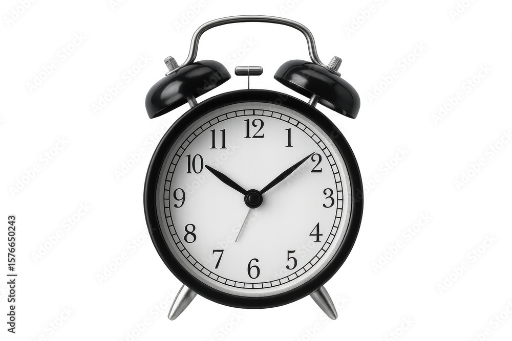Poster classic black alarm clock displaying time against a transparent background, perfect for time managem
