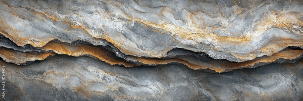 Poster close-up view of layered rock formation featuring intricate patterns with gray, black, and rusty ora