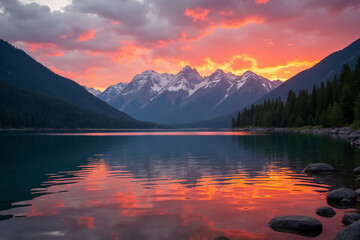 Photo of a fiery sunset reflects on a calm lake with snow capped mountains