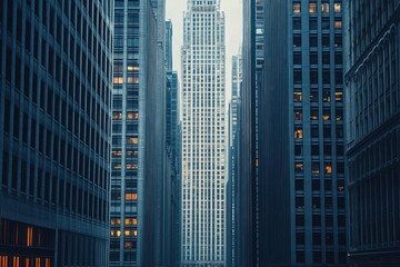 Fototapeta premium Tall skyscrapers closely packed along a narrow city street with glowing windows in the evening light
