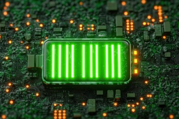 Glowing green battery icon displayed on a detailed black circuit board with illuminated orange lights indicating power and energy flow